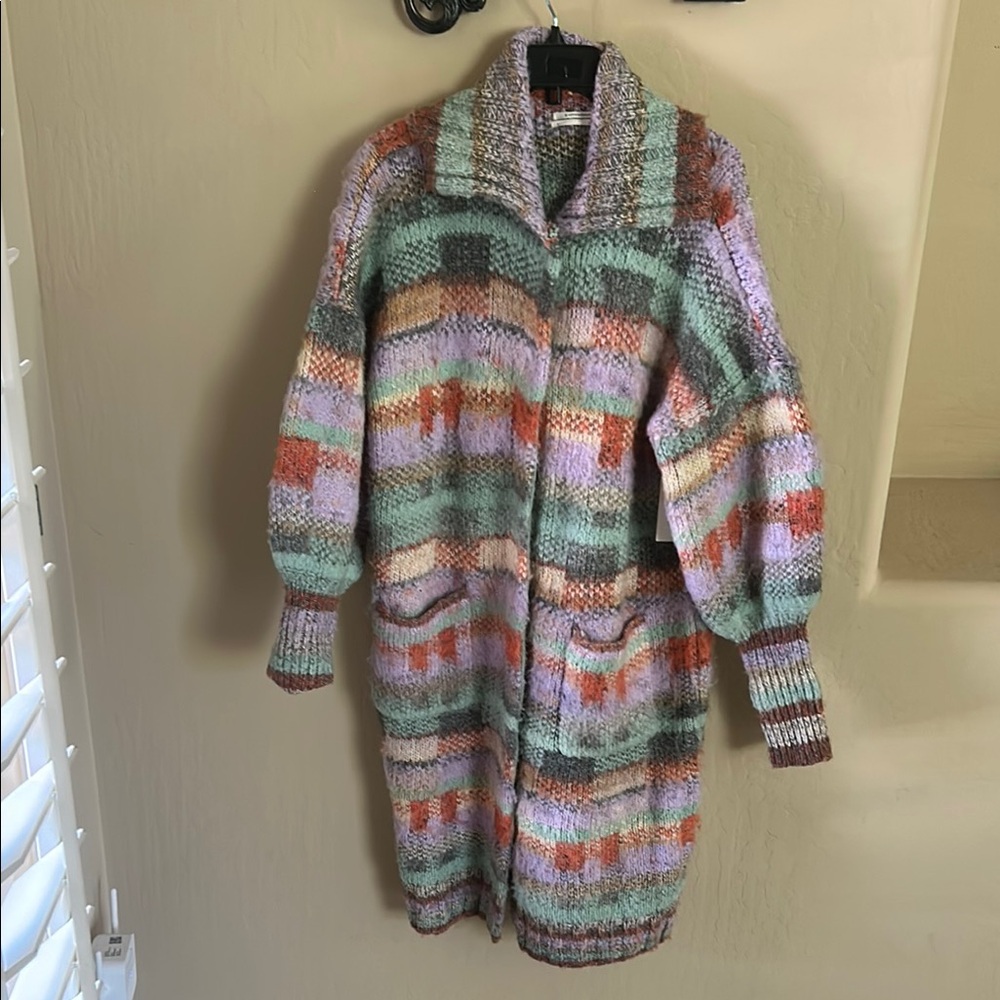 Anthropologie Green and Orange Sweater Coat SZ small